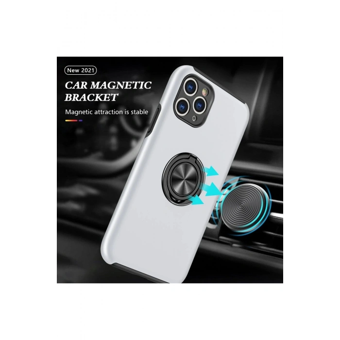 HarmonyAura  Iphone 11 Pro Max Kılıf Elit Yüzüklü Kapak - Gümüş