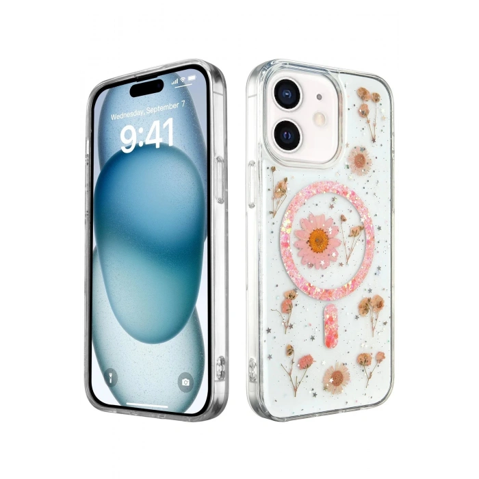 HarmonyAura  Iphone 12 Kılıf Daisy Simli Magsafe Kapak - Pembe