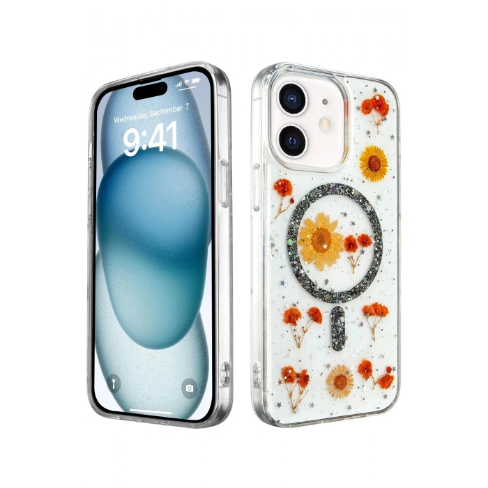 HarmonyAura  Iphone 12 Kılıf Daisy Simli Magsafe Kapak - Siyah