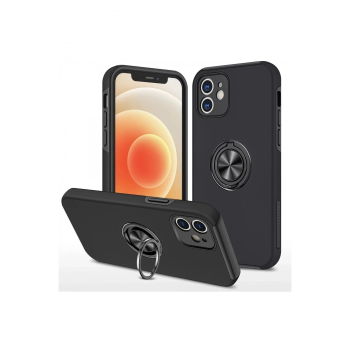 HarmonyAura  Iphone 12 Kılıf Elit Yüzüklü Kapak - Siyah