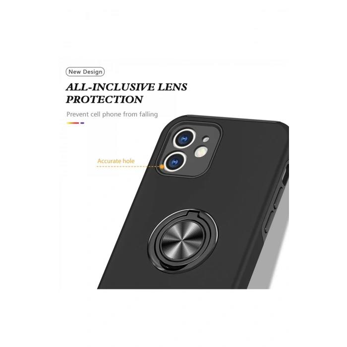 HarmonyAura  Iphone 12 Kılıf Elit Yüzüklü Kapak - Siyah