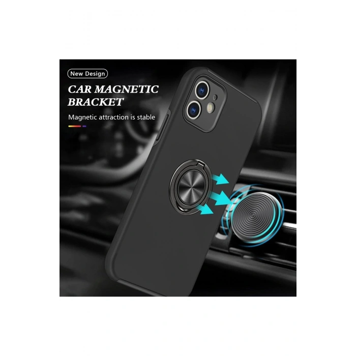 HarmonyAura  Iphone 12 Kılıf Elit Yüzüklü Kapak - Siyah