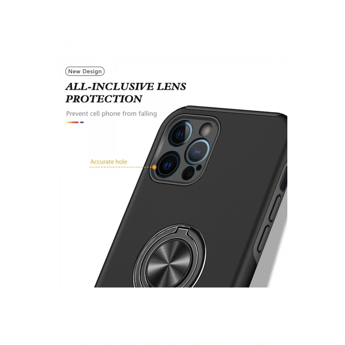 HarmonyAura  Iphone 12 Pro Max Kılıf Elit Yüzüklü Kapak - Siyah