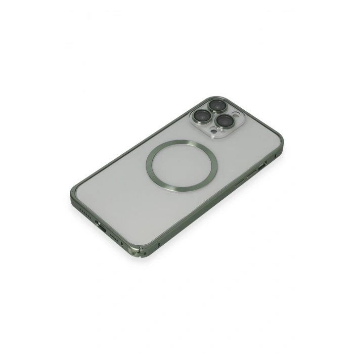 HarmonyAura iPhone 13 Pro Max Metal Bumper Magneticsafe Kapak - Yeşil