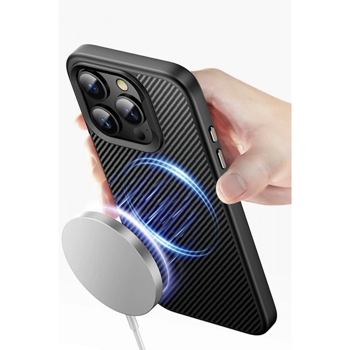 HarmonyAura iPhone 14 Pro Dart Karbon Magsafe Kapak - Siyah