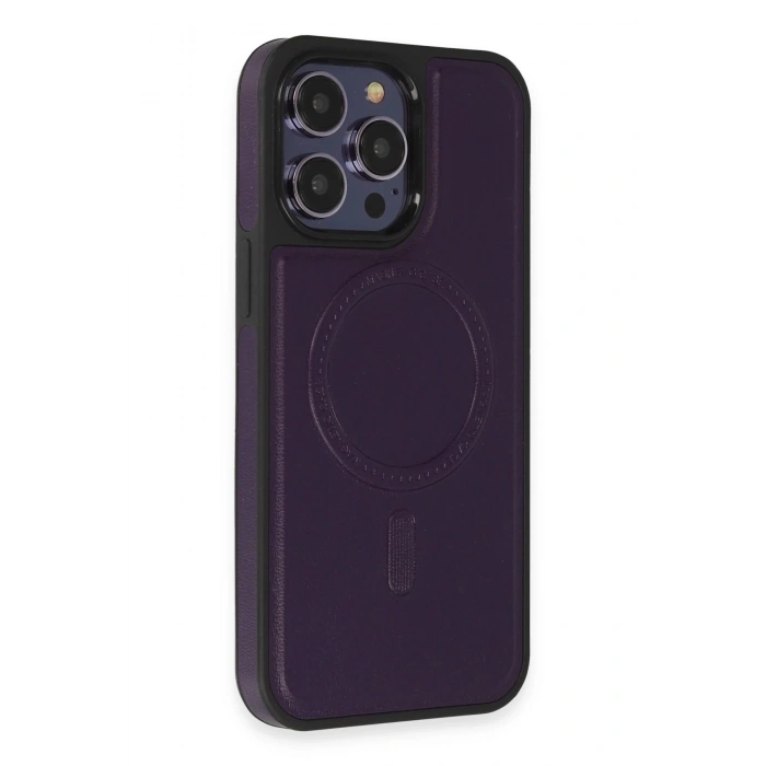 HarmonyAura  Iphone 14 Pro Kılıf Ozzi Magsafe Deri Kapak - Derin Mor