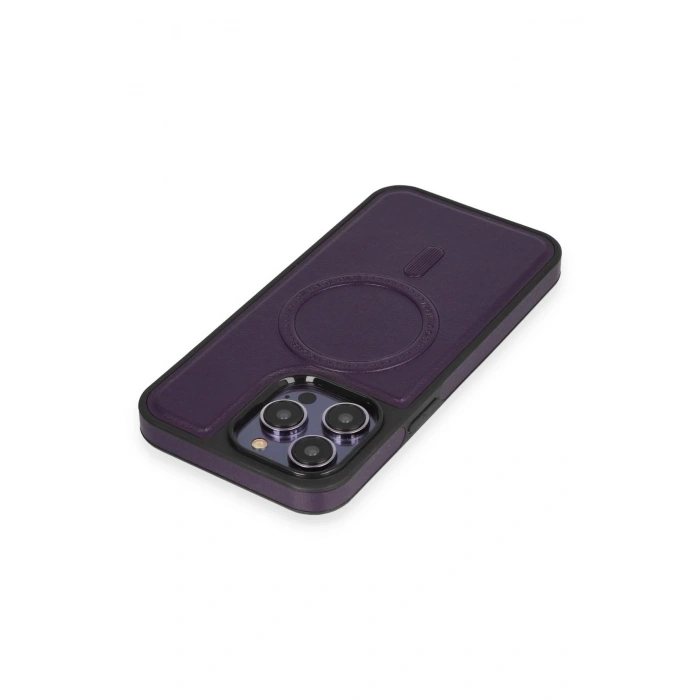 HarmonyAura  Iphone 14 Pro Kılıf Ozzi Magsafe Deri Kapak - Derin Mor