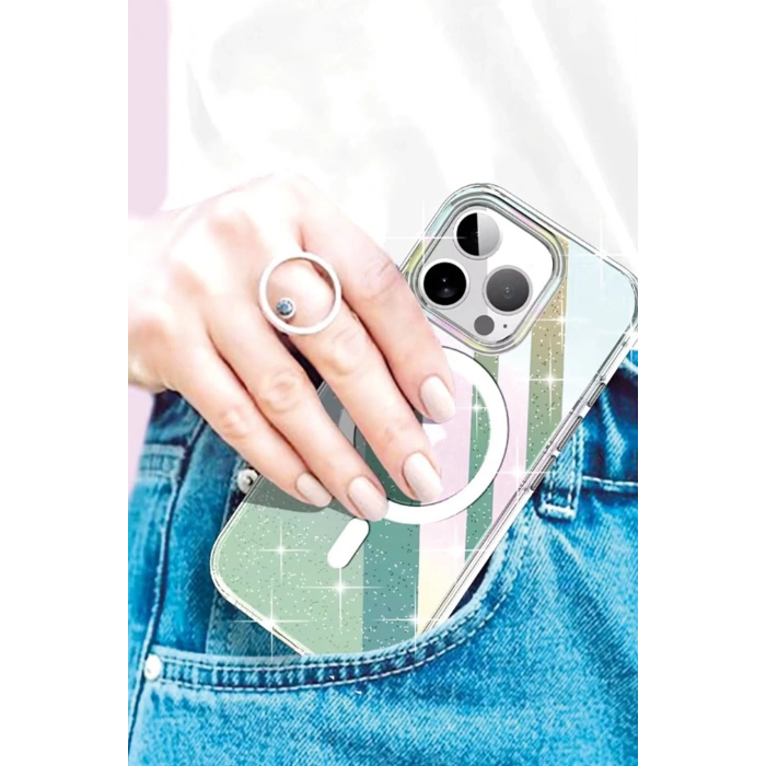 HarmonyAura iPhone 14 Pro Max Rasasi Simli Magsafe Kapak - Şeffaf