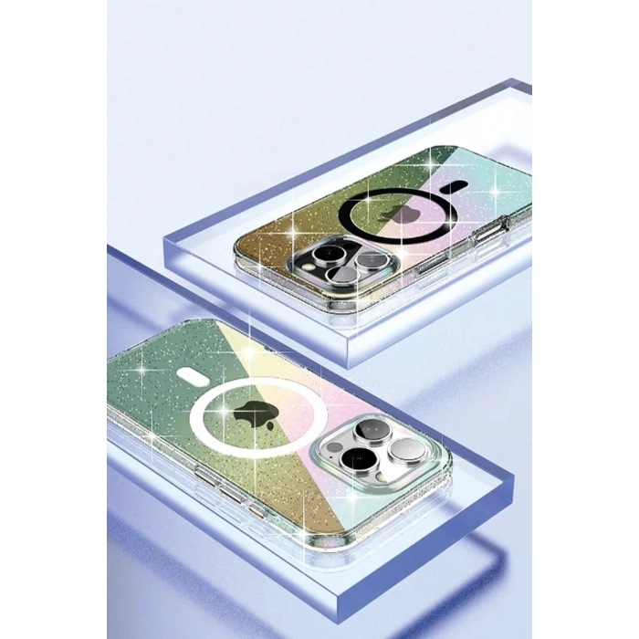 HarmonyAura iPhone 15 Pro Rasasi Simli Magsafe Kapak - Şeffaf