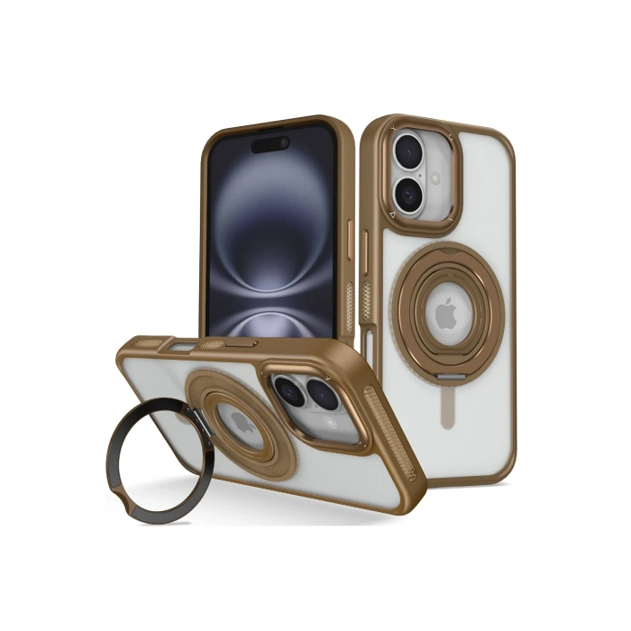 HarmonyAura iPhone 16 Banza Magsafe Standlı Kapak - Kahverengi