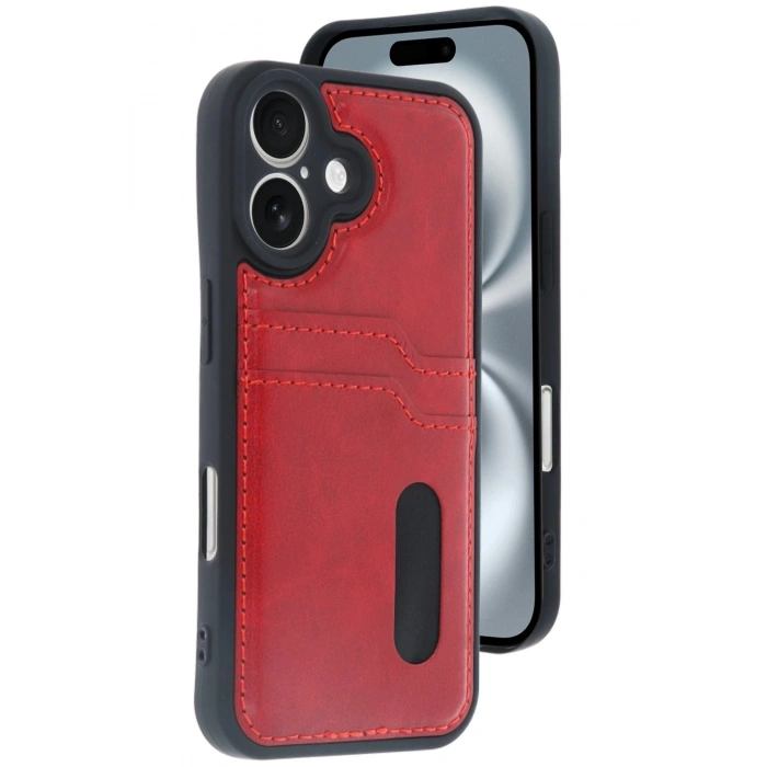 HarmonyAura  Iphone 16 Kılıf Sara Kartvizitli Deri Kılıf - Kırmızı