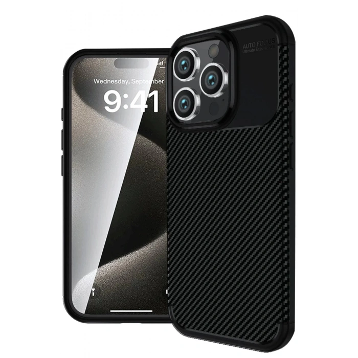 HarmonyAura  Iphone 16 Pro Kılıf Auto Focus Karbon Kapak - Siyah
