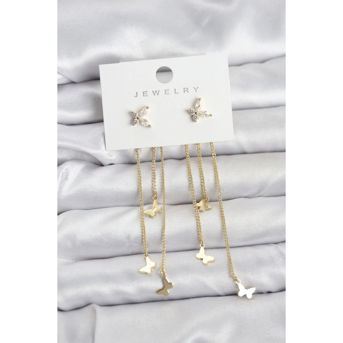 HarmonyAura Kelebek Model Gold Renk Pirinç Sallantılı Kadın Küpe