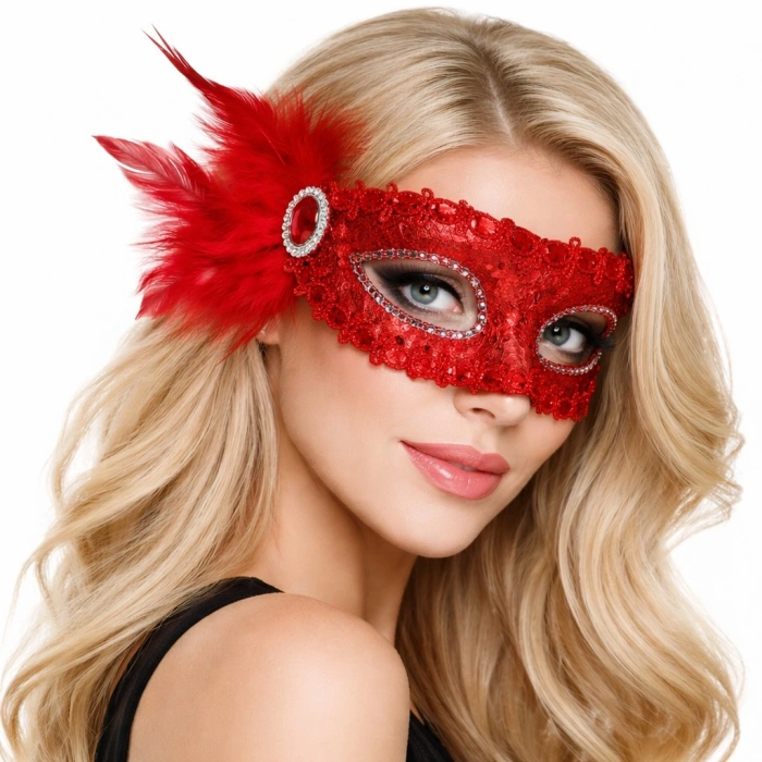 HarmonyAura Kırmızı Taşlı Venedik Parti Maskesi – Tüylü Payetli
