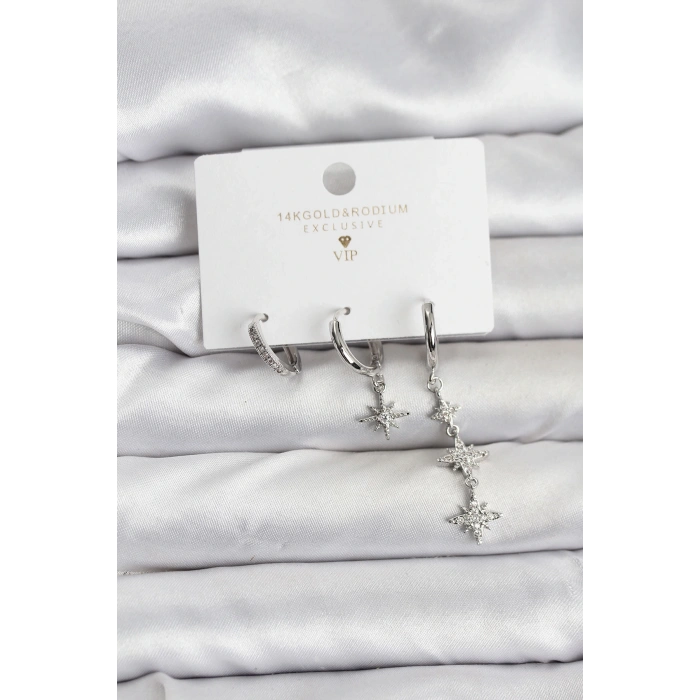 HarmonyAura Kutup Yıldızı Model Gümüş Renk Pirinç 3lü Kadın Küpe Seti