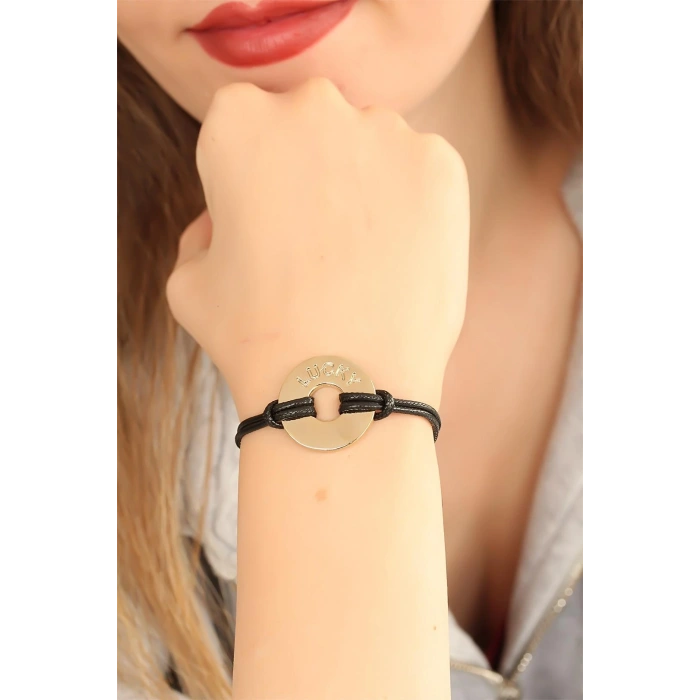HarmonyAura LUCKY (Şanslı) Siyah Deri İpli Unisex Mood Bileklik