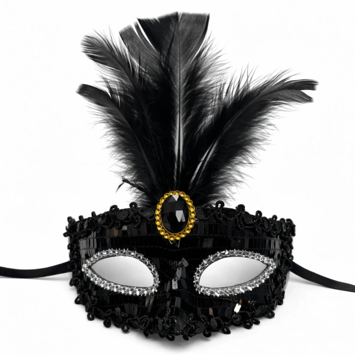 HarmonyAura Lüks Siyah Tüylü Taşlı Balo Maskesi