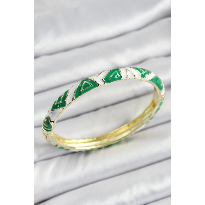 HarmonyAura Mineli Pirinç Yeşil Beyaz Motifli Kadın Kelepçe