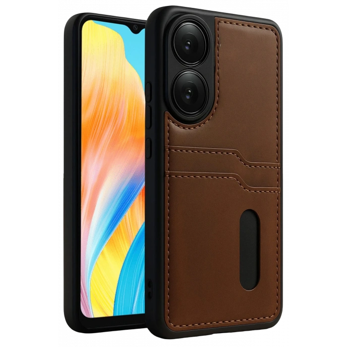 HarmonyAura Oppo A38 Sara Kartvizitli Deri Kılıf - Taba