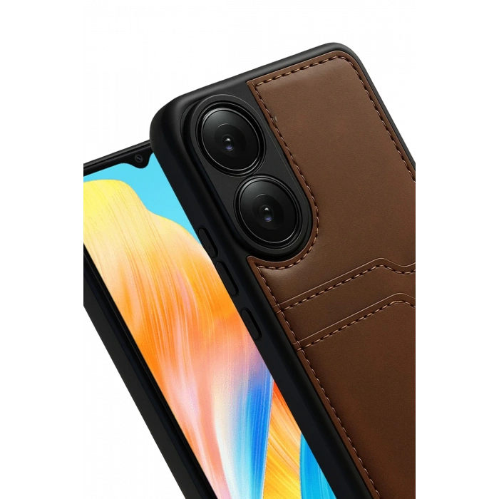 HarmonyAura Oppo A38 Sara Kartvizitli Deri Kılıf - Taba