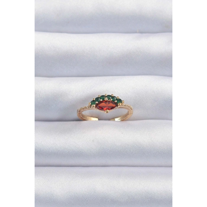 HarmonyAura Pirinç Altın Renk Renkli Zirkon Taşlı Ayarlanabilir Karpuz Model Yüzük