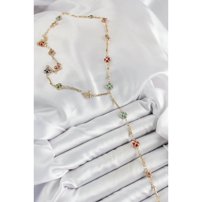 HarmonyAura Pirinç Asorti Kalpli Yonca Model Gold Renk Zirkon Taşlı Y Kolye