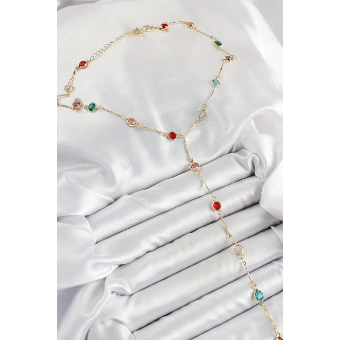 HarmonyAura Pirinç Asorti Model Gold Renk Zirkon Taşlı Y Kolye