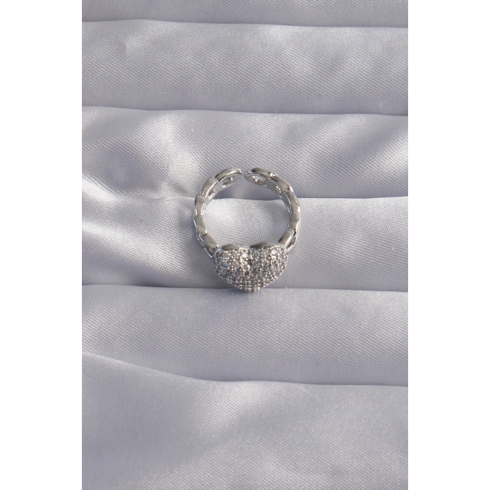 HarmonyAura Pirinç Ayarlamalı Gümüş Renk Zirkon Taşlı Bombeli Kalp Yüzük