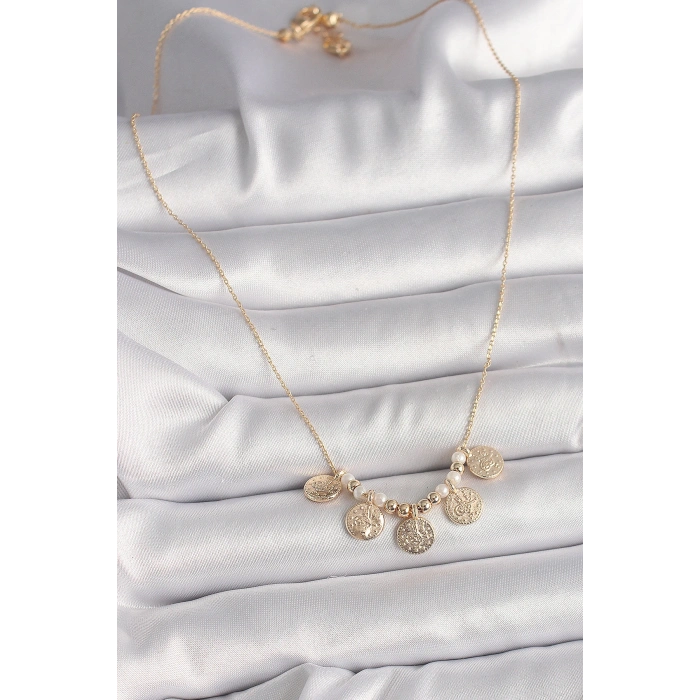 HarmonyAura Pirinç Gold Renk 5Li Osmanlı Tuğra Figür İnci Detay Kadın Kolye