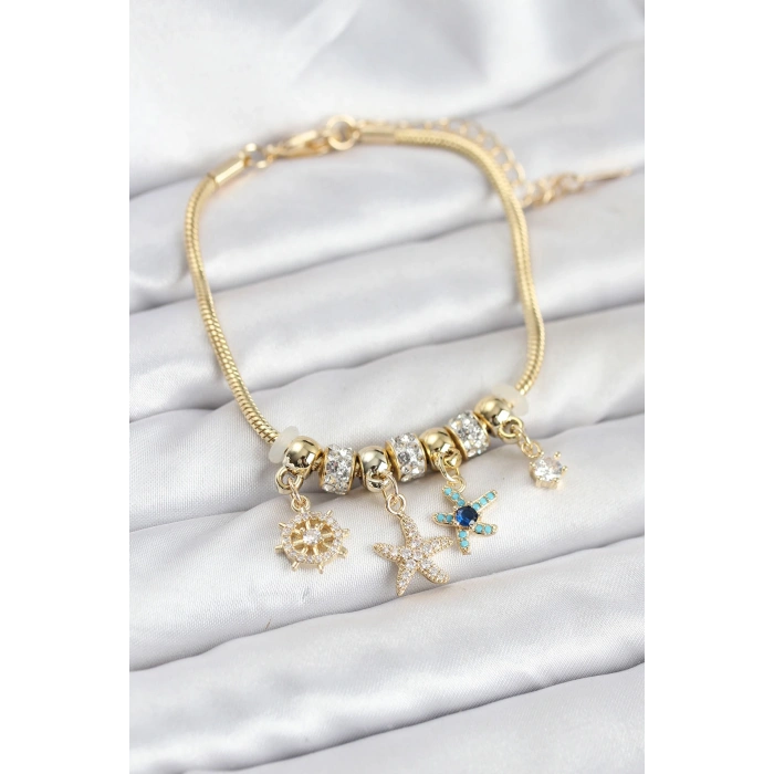 HarmonyAura Pirinç Gold Renk Deniz Tema Charmlı Kadın Bileklik