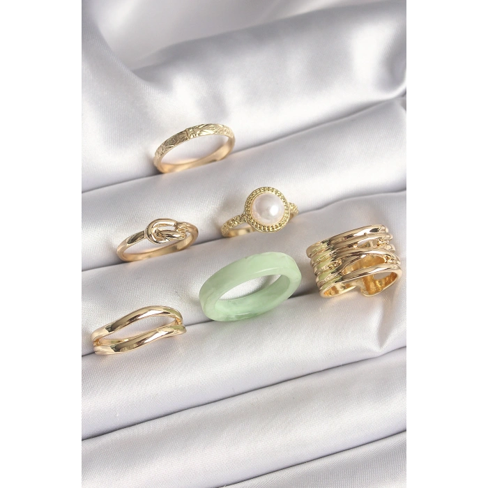 HarmonyAura Pirinç Gold Renk Düğüm Model İncili İşlemeli Plaka Model 6Lı Kadın Yüzük Seti