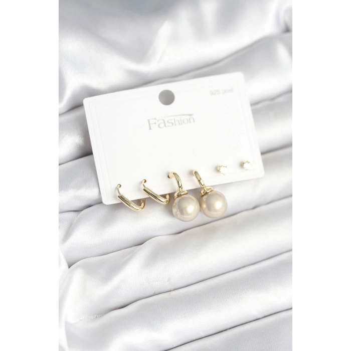 HarmonyAura Pirinç Gold Renk İnci Detaylı 925 Gümüş Çivili Kadın Küpe Seti