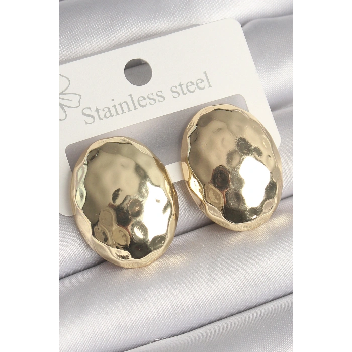 HarmonyAura Pirinç Gold Renk İşlemeli Bombe Oval Model Kadın Küpe