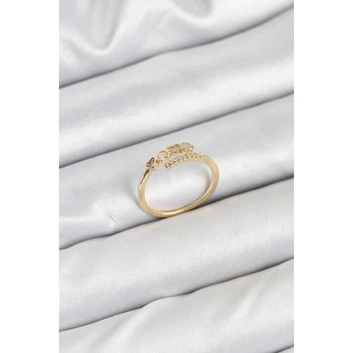 HarmonyAura Pirinç Gold Renk Kalpli Detaylı Zirkon Taşlı Kadın Yüzük