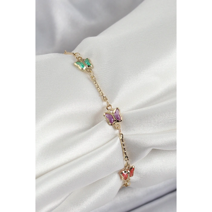 HarmonyAura Pirinç Gold Renk Karışık Renk Kelebek Zirkon Taşlı Kadın Bileklik