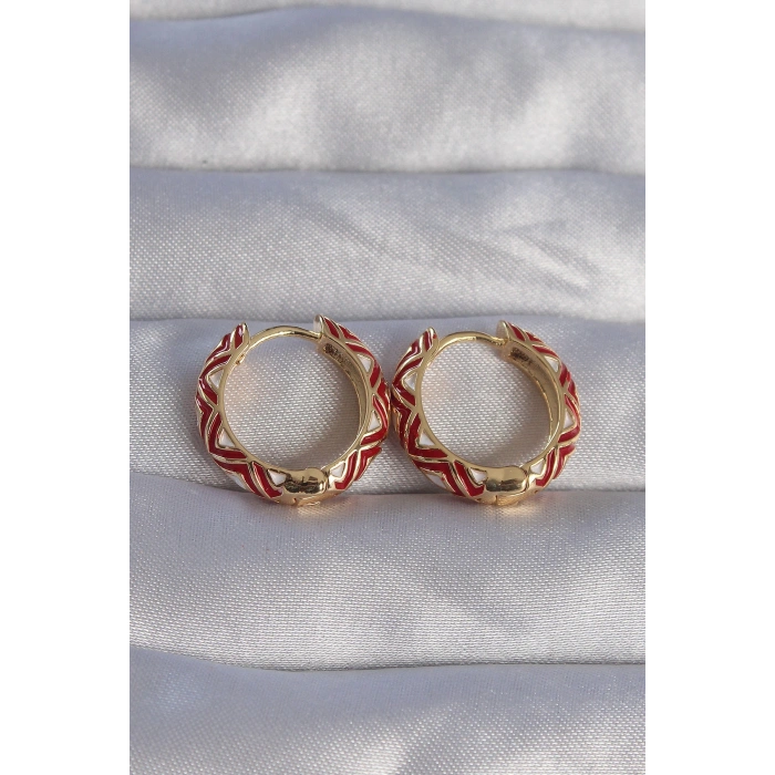 HarmonyAura Pirinç Gold Renk Kırmızı Etnik Desenli Halka Küpe