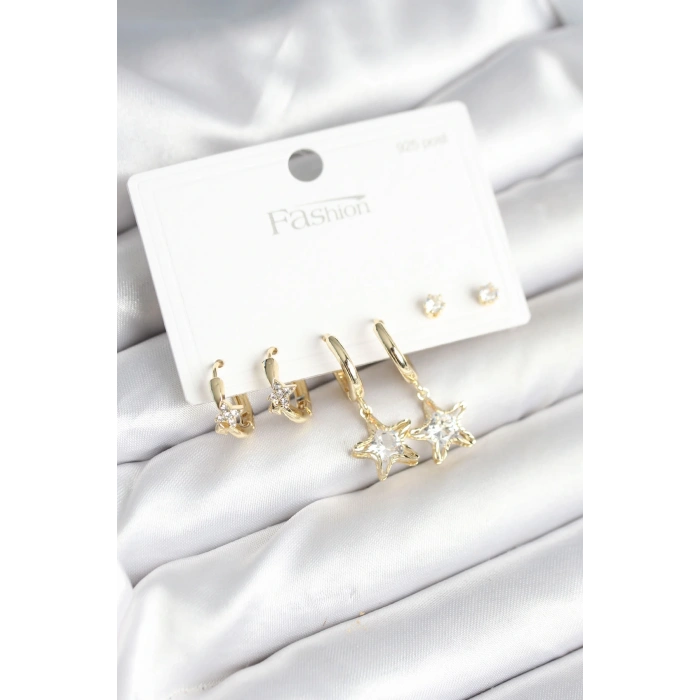 HarmonyAura Pirinç Gold Renk Yıldız Model 925 Gümüş Çivili Kadın Küpe Seti