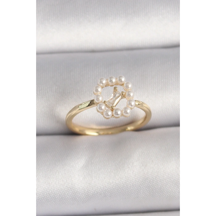 HarmonyAura Pirinç Gold Renk Zirkon Taş Detaylı İncili Ayarlanabilir Yüzük