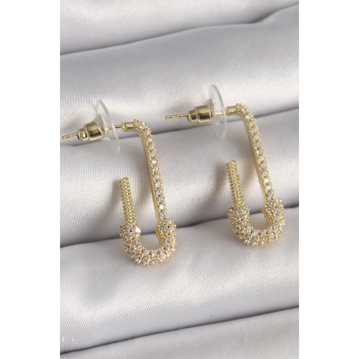 HarmonyAura Pirinç Gold Renk Zirkon Taşlı Çengelli İğne Model Kadın Küpe