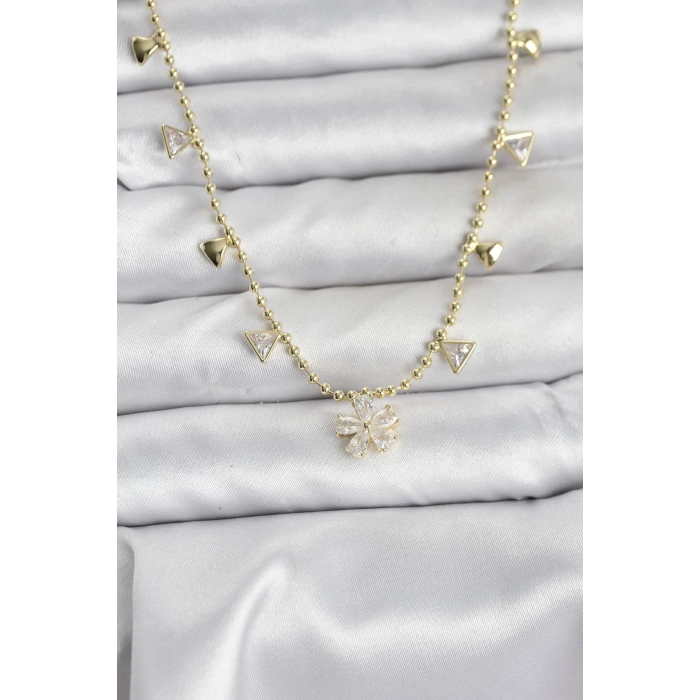 HarmonyAura Pirinç Gold Renk Zirkon Taşlı Çiçek Model Kadın Kolye