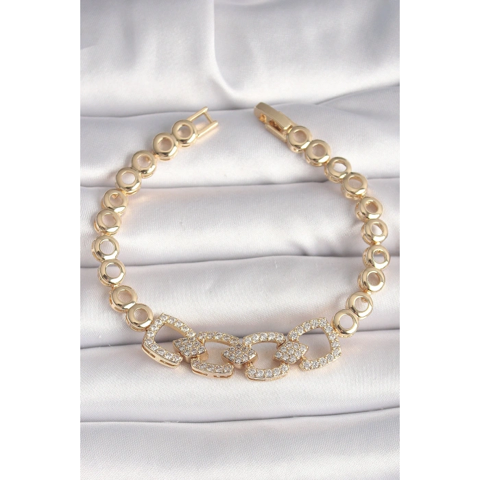 HarmonyAura Pirinç Gold Renk Zirkon Taşlı Daire Zincir Model Kadın Bileklik