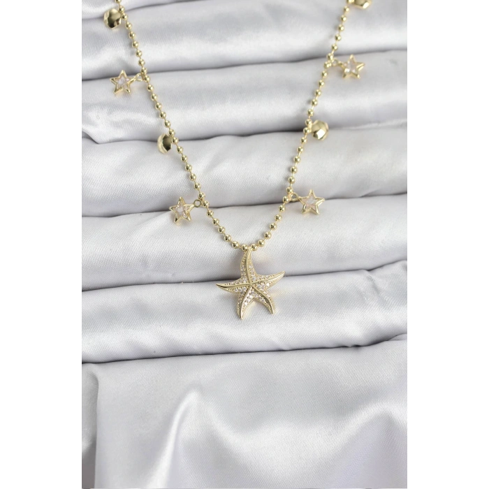 HarmonyAura Pirinç Gold Renk Zirkon Taşlı Deniz Yıldızı Model Kadın Kolye