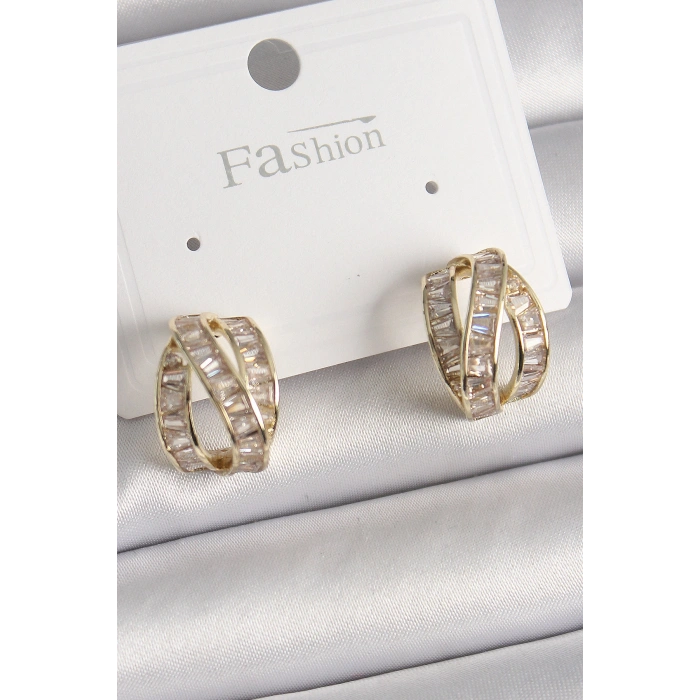 HarmonyAura Pirinç Gold Renk Zirkon Taşlı Düğüm Halka Model Kadın Küpe