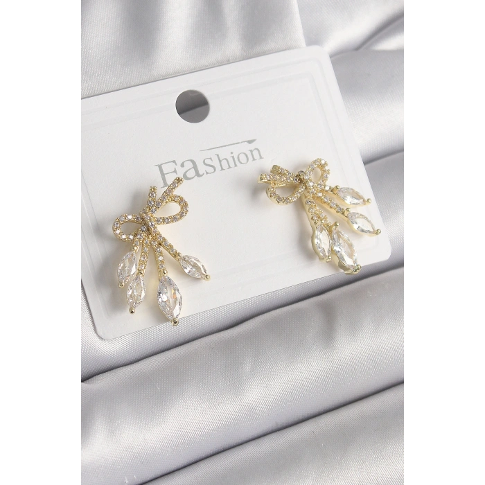 HarmonyAura Pirinç Gold Renk Zirkon Taşlı Düğüm Model Damla Zirkon Taşlı Kadın Küpe