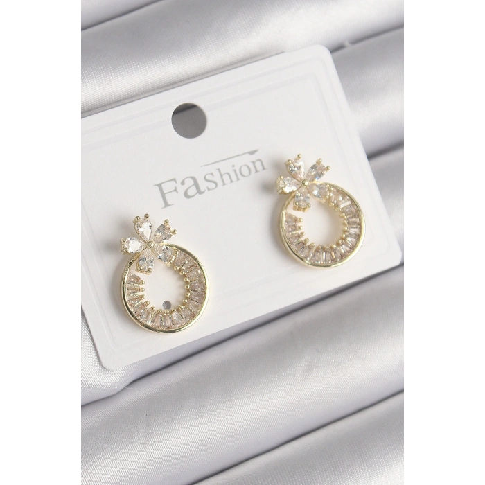 HarmonyAura Pirinç Gold Renk Zirkon Taşlı Halka Model Çiçek Figür Kadın Küpe