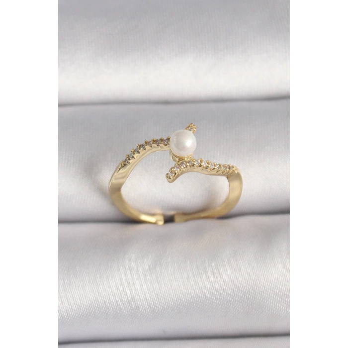 HarmonyAura Pirinç Gold Renk Zirkon Taşlı İncili Ayarlanabilir Yüzük