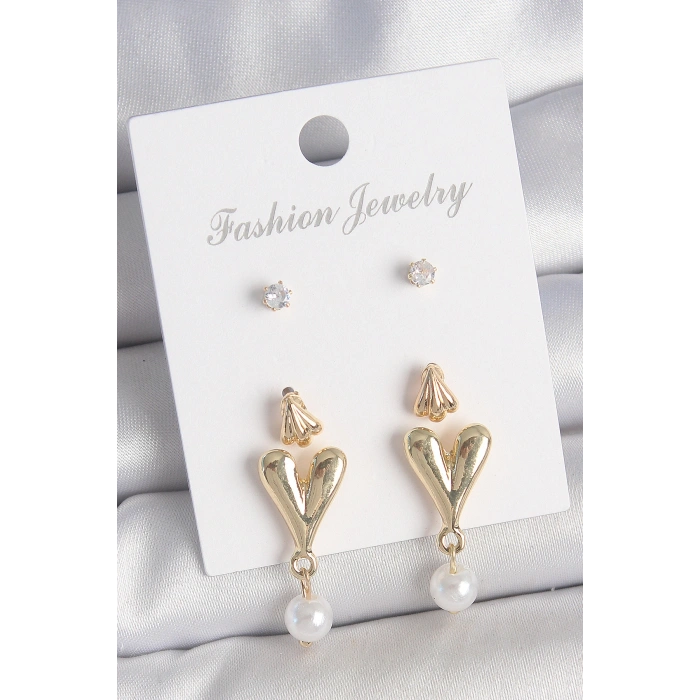 HarmonyAura Pirinç Gold Renk Zirkon Taşlı İncili Sallantılı Kalp Model 3 Çift Kadın Küpe Seti