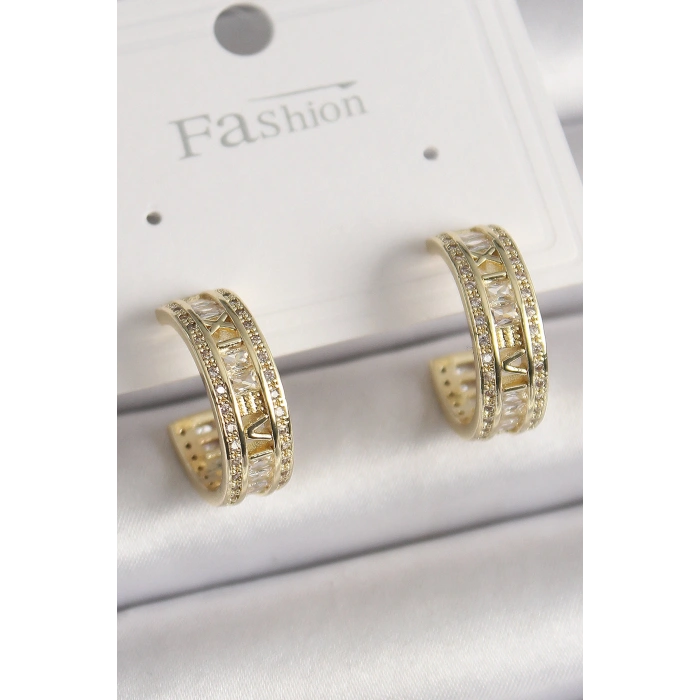 HarmonyAura Pirinç Gold Renk Zirkon Taşlı İşleme Detay Halka Model Kadın Küpe