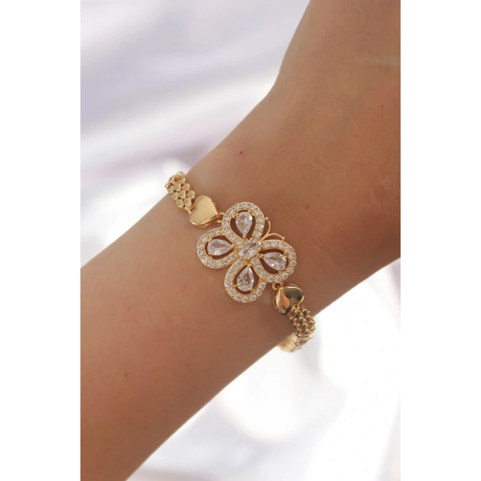 HarmonyAura Pirinç Gold Renk Zirkon Taşlı Kelebek Figürlü Parçalı Model Bileklik