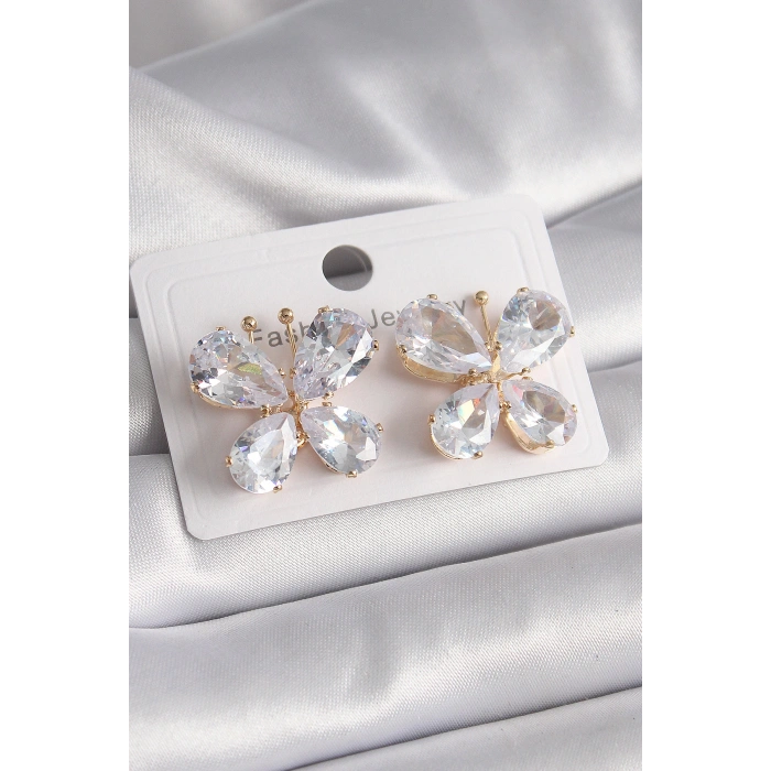 HarmonyAura Pirinç Gold Renk Zirkon Taşlı Kelebek Model Kadın Küpe